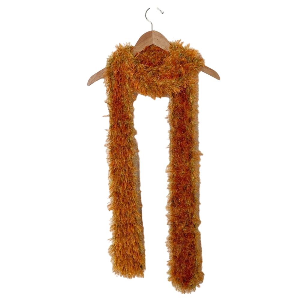 Eyelash knit fuzzy scarf - green and orange